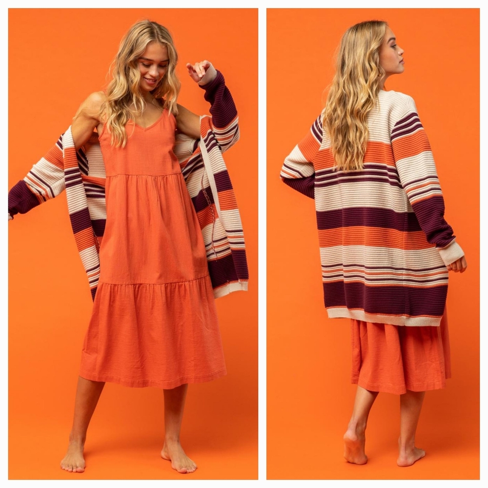 Roxy Above the Sun Striped Long Length Cardigan Sweater Retro